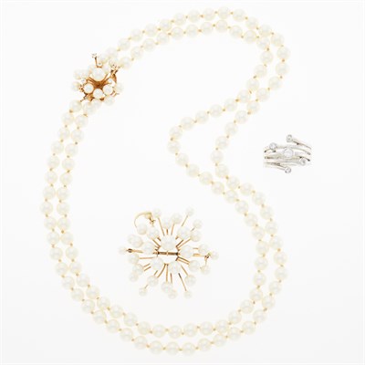 Lot 1259 - Double Strand Cultured Pearl Necklace, Pendant-Brooch and Costume Ring