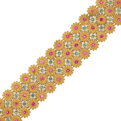 Lot 118 - Buccellati Two-Color Gold, Ruby and Emerald Bracelet