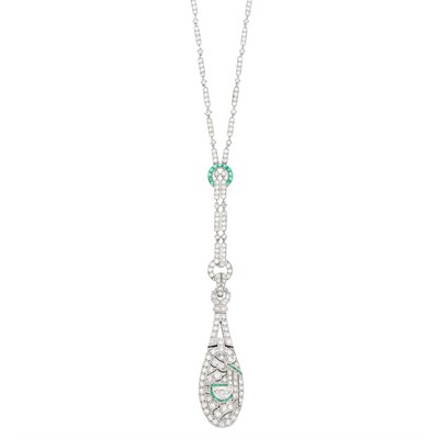 Lot 73 - Long Platinum, Diamond and Emerald Pendant-Watch Necklace