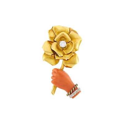 Lot 123 - Cartier Paris Gold, Platinum, Carved Coral and Diamond Clip