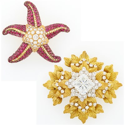Lot 1279 - Silver, Synthetic Ruby and Simulated Diamond Starfish Brooch and Maltese Cross Brooch