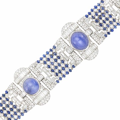 Lot 137 - Wide Platinum, Star Sapphire, Sapphire Bead and Diamond Bracelet