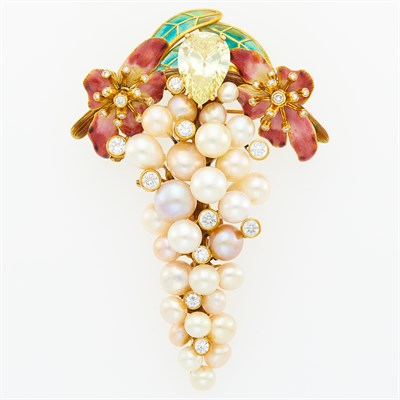 Lot 1276 - Gold, Freshwater Pearl, Diamond, Plique-à-Jour Enamel, Enamel and Simulated Diamond Pendant-Brooch