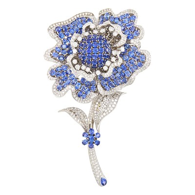 Lot 141 - White Gold, Sapphire and Diamond Flower Brooch