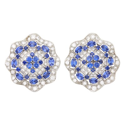 Lot 138 - Pair of Platinum, White Gold, Sapphire, Diamond and Simulated Diamond Earclips