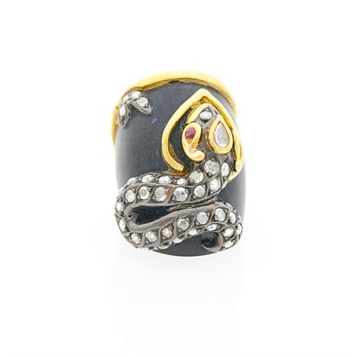 Lot 1110 - Wide Wood, Blackened Silver, Gold, Diamond and Ruby Ring