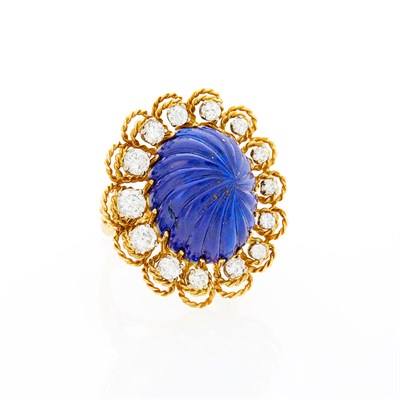 Lot 1156 - Gold, Carved Lapis and Diamond Ring
