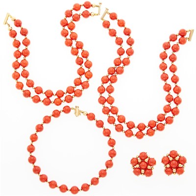 Lot 2306 - Three Gold and Dyed Coral Bead Necklaces and Pair of Earclips