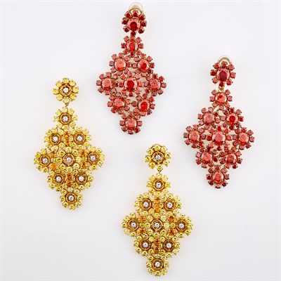 Lot 1278 - Pair of Gold, Simulated Yellow Stone and Simulated Diamond Pendant-Earclips and Pair of Costume Red Stone Pendant-Earclips