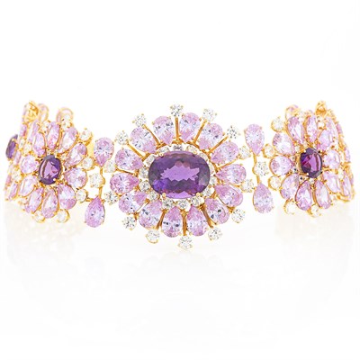 Lot 1281 - Gold, Low Karat Gold and Simulated Stone Flower Choker Necklace