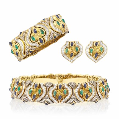 Lot 200 - Gold, Cabochon Sapphire, Emerald, and Diamond Choker Necklace, Bracelet and Pair of Earclips