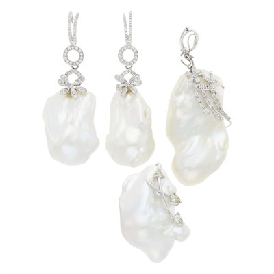 Lot 1071 - Pair of White Gold, Baroque Freshwater Pearl and Diamond Pendant-Earrings, Ring and Pendant