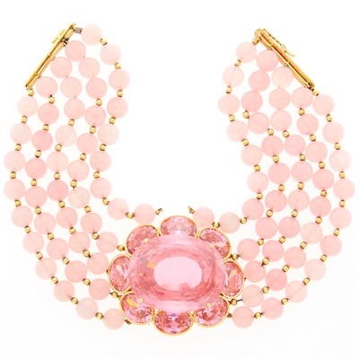 Lot 1280 - Five Strand Rose Quartz Bead, Gold and Simulated Pink Stone Necklace