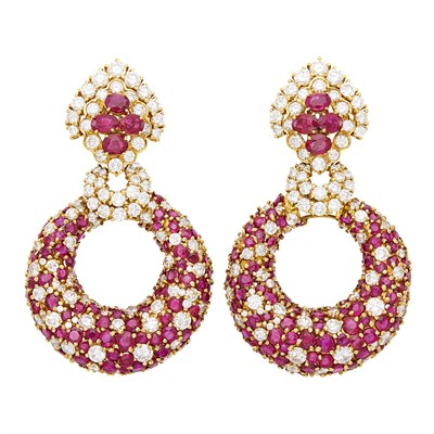 Lot 221 - Pair of Gold, Ruby and Diamond Hoop Pendant-Earclips