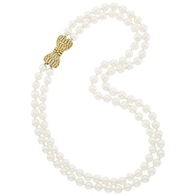 Lot 257 - Double Strand Cultured Pearl Necklace with Gold and Diamond Clasp