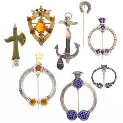 Lot 1146 - Eight Antique Silver, Metal, Scottish Agate, Hardstone, Enamel and Gem-Set Pins and Penannular Brooches