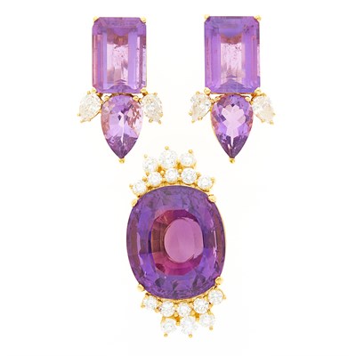 Lot 1103 - Pair of Gold, Amethyst and Simulated Diamond Earclips and Ring