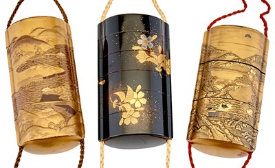 Lot 1207 - Three Japanese Lacquer Inro Meiji Period...