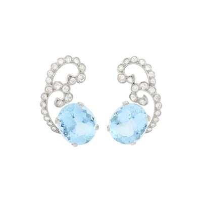 Lot 60 - Pair of Platinum, Aquamarine and Diamond Earrings