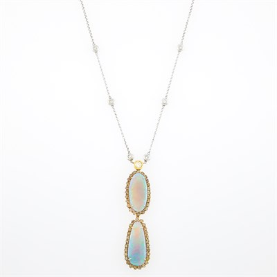 Lot 197 - Two-Color Gold, Opal, Diamond and Colored Diamond Pendant-Necklace