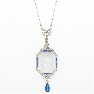 Lot 77 - Platinum, Carved Rock Crystal, Sapphire and Diamond Lavaliere