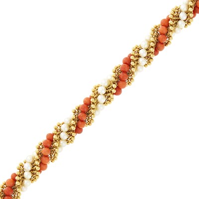 Lot 14 - Van Cleef & Arpels Twisted Gold, Coral Bead and Cultured Pearl Bracelet, France
