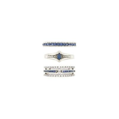 Lot 198 - Three Low Karat White Gold, Diamond and Sapphire Rings