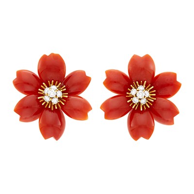 Lot 146 - Van Cleef & Arpels Pair of Gold and Oxblood Coral 'Rose de Noel' Earclips, France