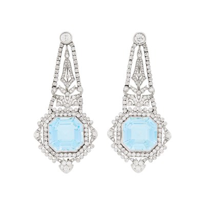 Lot 61 - Pair of Belle Epoque Platinum, Aquamarine and Diamond Pendant-Earclips