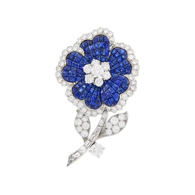 Lot 186 - Oscar Heyman Brothers for Van Cleef & Arpels Platinum, Mystery-Set Sapphire and Diamond Flower Clip-Brooch