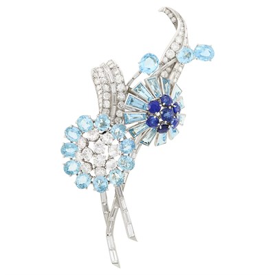 Lot 179 - Chaumet Paris Platinum, Aquamarine, Sapphire and Diamond Clip-Brooch