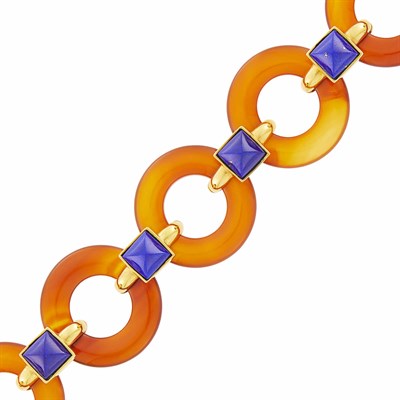Lot 21 - Aldo Cipullo Gold, Carnelian and Lapis Link Bracelet