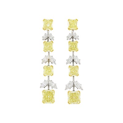 Lot 159 - Graff Pair of Gold, Platinum, Colored Diamond and Diamond Pendant-Earrings