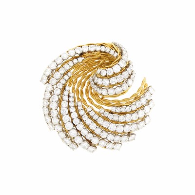 Lot 112 - Van Cleef & Arpels Platinum, Gold and Diamond Swirl Clip-Brooch, France