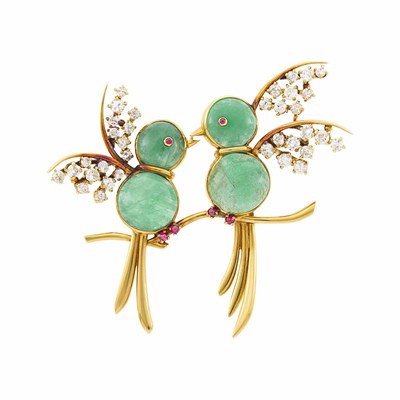 Lot 122 - Van Cleef & Arpels Gold, Emerald, Diamond and Ruby Love Bird Brooch, France