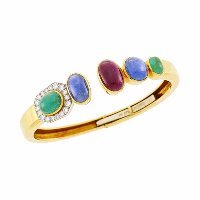 Lot 38 - David Webb Gold, Platinum, Cabochon Colored Stone and Diamond Bangle Bracelet