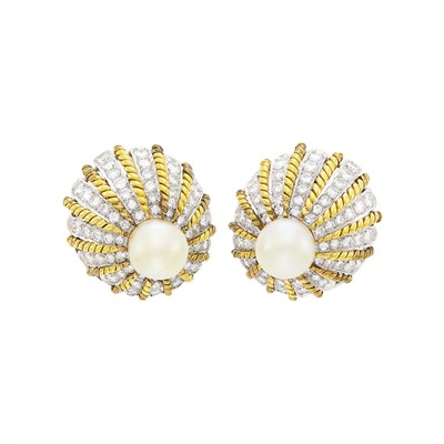 Lot 124 - Trio Pair of Two-Color Gold, Cultured Pearl and Diamond Earclips