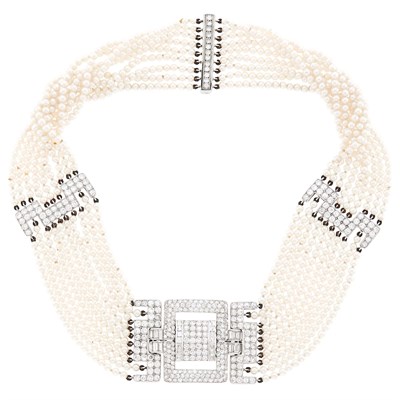 Lot 67 - Attributed to Chaumet Ten Strand Cultured Pearl, Platinum and Diamond Necklace, France