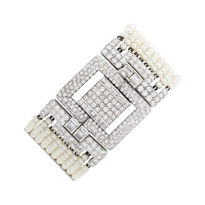 Lot 66 - Chaumet Ten Strand Cultured Pearl, Platinum and Diamond Bracelet, France