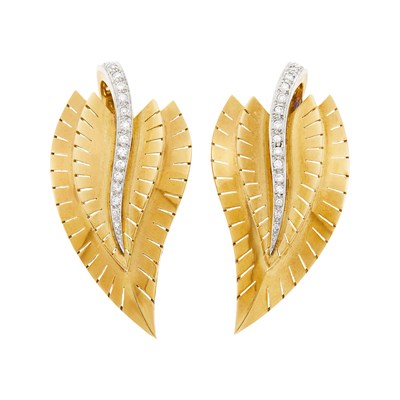 Lot 119 - Van Cleef & Arpels Pair of Gold, Platinum and Diamond Leaf Clip-Brooches, France