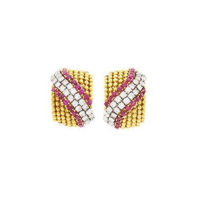 Lot 109 - Van Cleef & Arpels Pair of Gold, Diamond and Ruby 'Couscous' Earclips