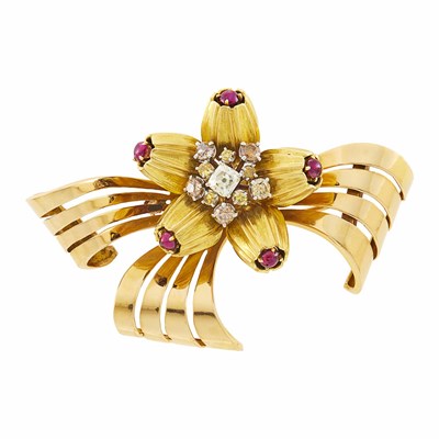 Lot 116 - Cartier Two-Color Gold, Cabochon Ruby and Colored Diamond Brooch, France