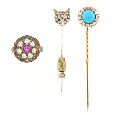 Lot 94 - Group of Antique Gold, Low Karat Gold, Silver, Turquoise, Ruby and Diamond Jewelry