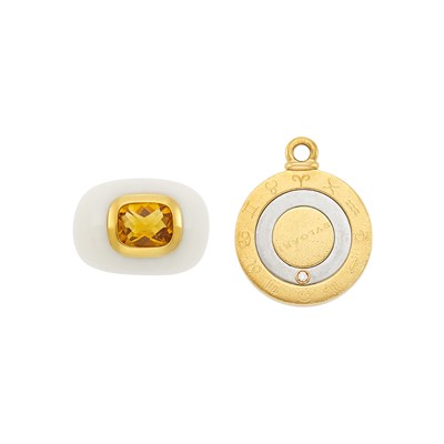 Lot 3 - Bulgari Gold, Stainless Steel and Diamond Libra Zodiac Pendant and White Acrylic, Gold and Citrine Ring