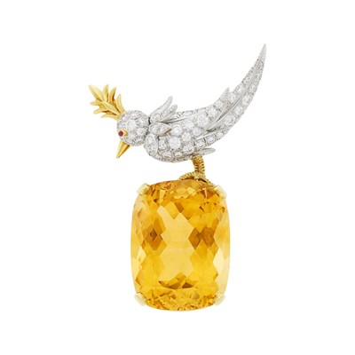Lot 157 - Tiffany & Co., Schlumberger Platinum, Gold, Diamond and Citrine 'Bird on a Rock' Brooch