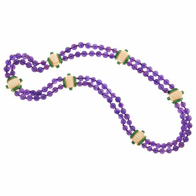 Lot 138 - David Webb Long Double Strand Amethyst Bead, Gold, Fluted Angel Skin Coral and Green Enamel Necklace