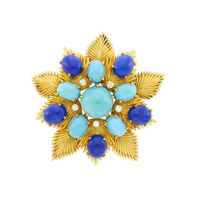 Lot 16 - Cartier Gold, Turquoise, Lapis and Diamond Flower Brooch