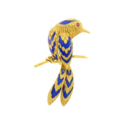 Lot 128 - Cartier Gold and Blue Enamel Bird Clip-Brooch, France