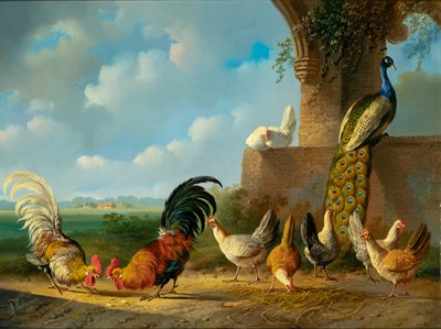 Lot 9 - Albertus Verhoesen Dutch,1806-1881 A Peacock...