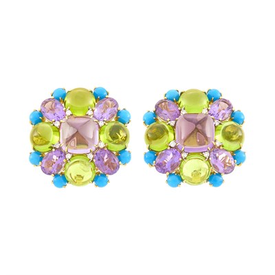 Lot 95 - Pair of Gold, Amethyst, Peridot, Turquoise and Diamond Cluster Earclips